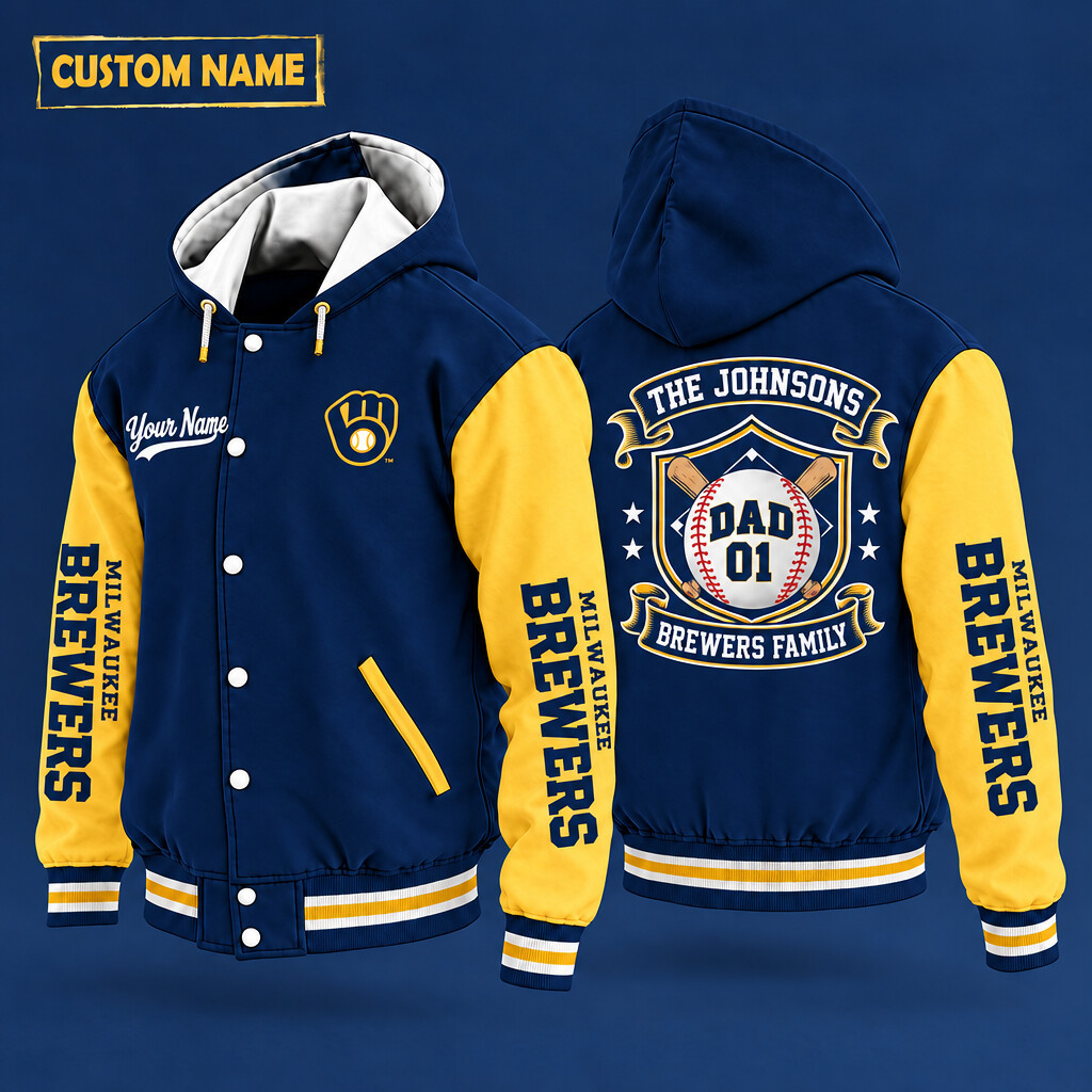 Milwaukee Brewers Family Crew Hooded Letterman Jacket Custom Name Number PYBY4V