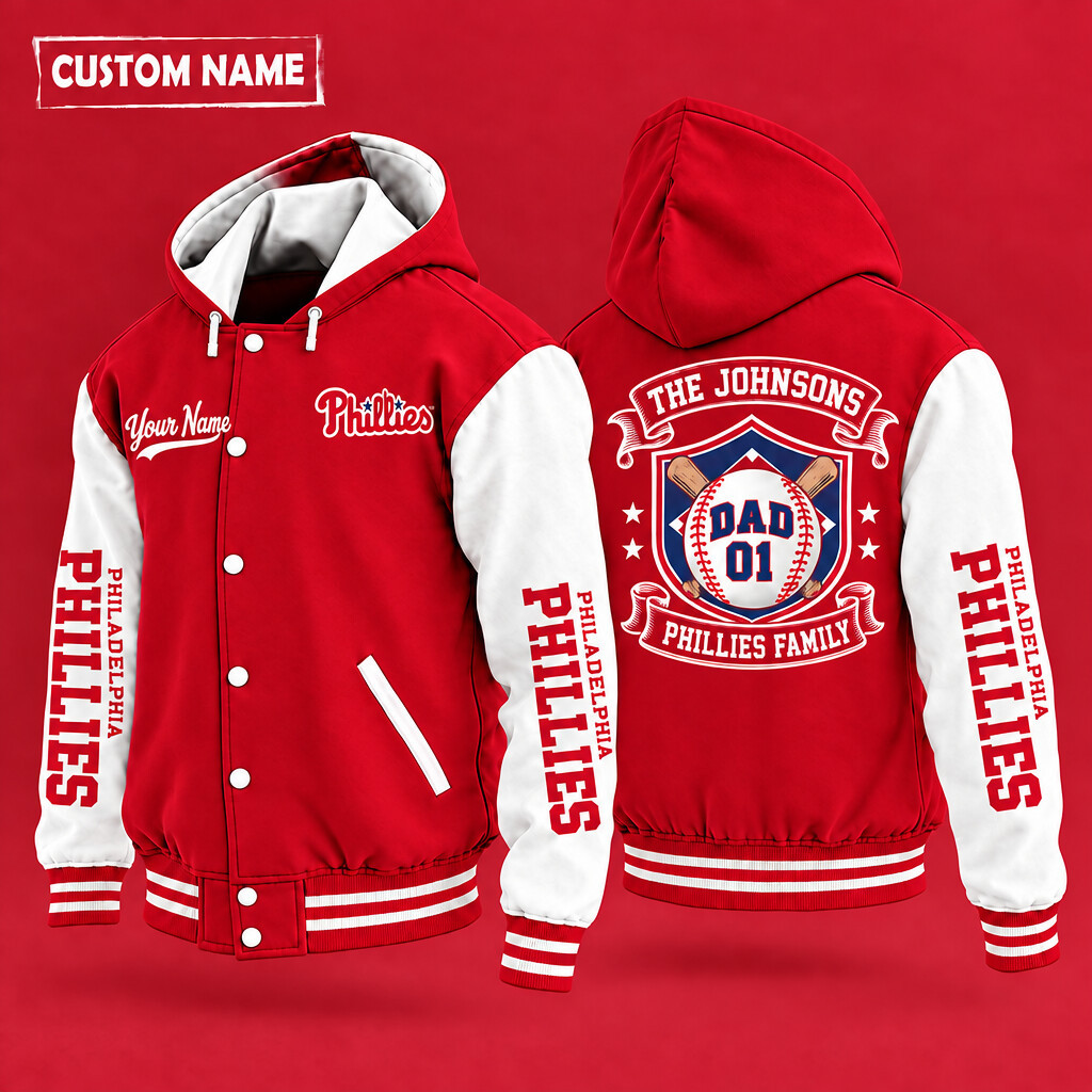 Philadelphia Phillies Family Crew Hooded Letterman Jacket Custom Name Number P2YWAU