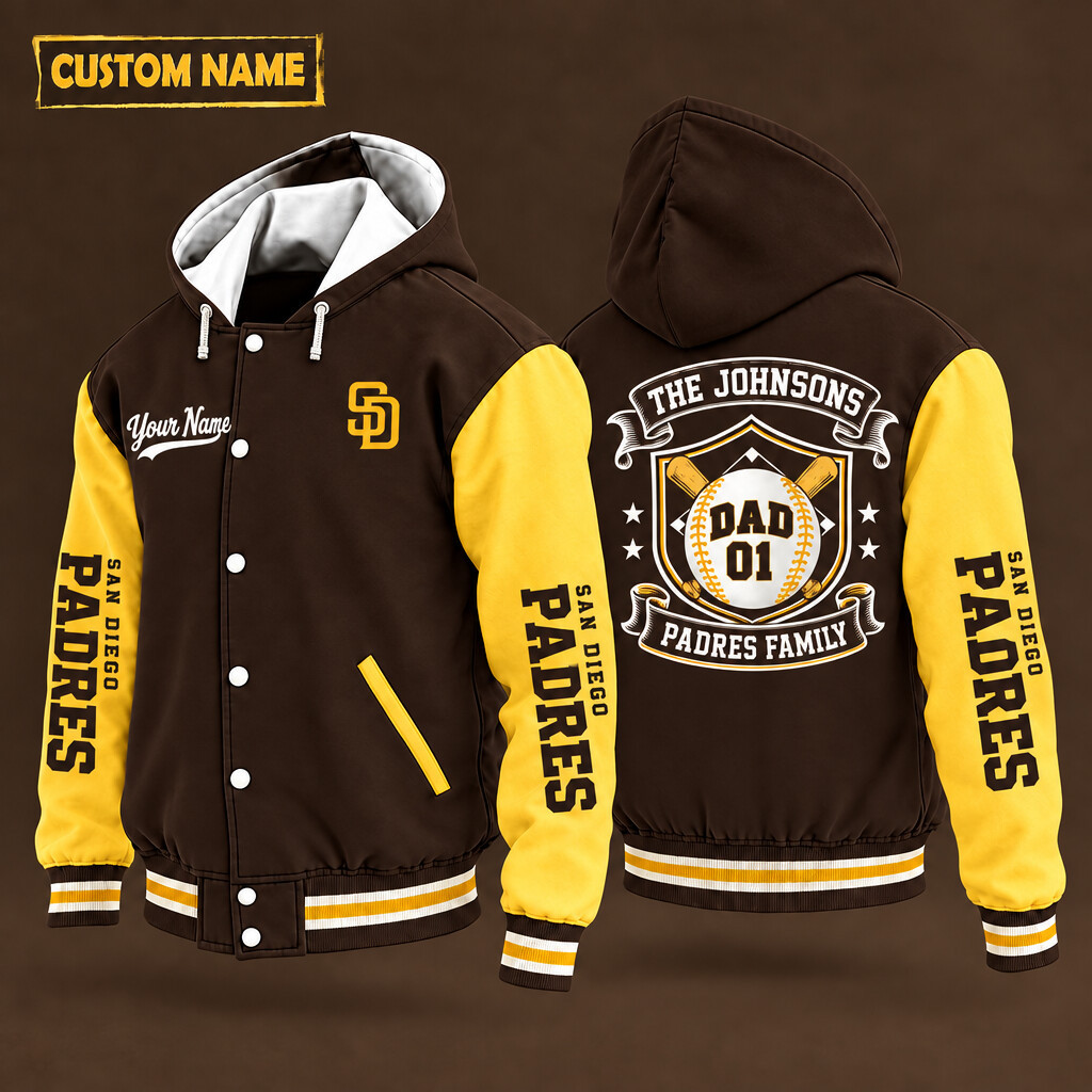 San Diego Padres Family Crew Hooded Letterman Jacket Custom Name Number P3A4KX