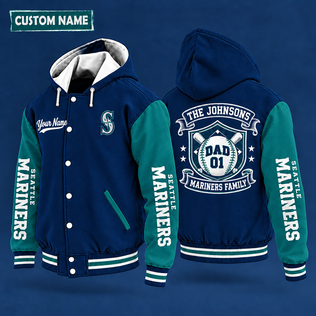 Seattle Mariners Family Crew Hooded Letterman Jacket Custom Name Number PKMBZK