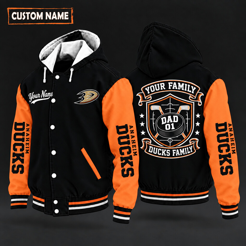 Anaheim Ducks Family Crew Hooded Letterman Jacket Custom Name Number P9RCLD
