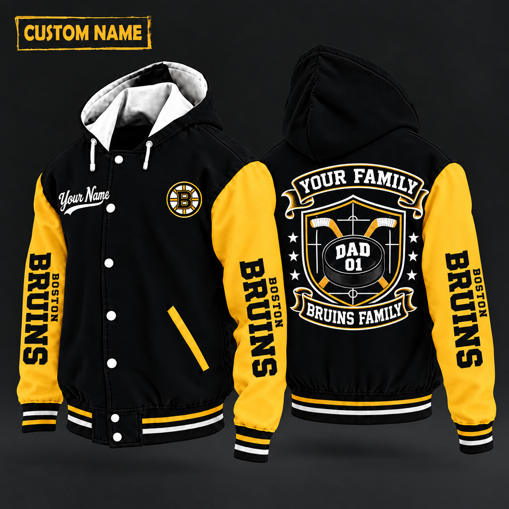 Boston Bruins Family Crew Hooded Letterman Jacket Custom Name Number PHLSI1