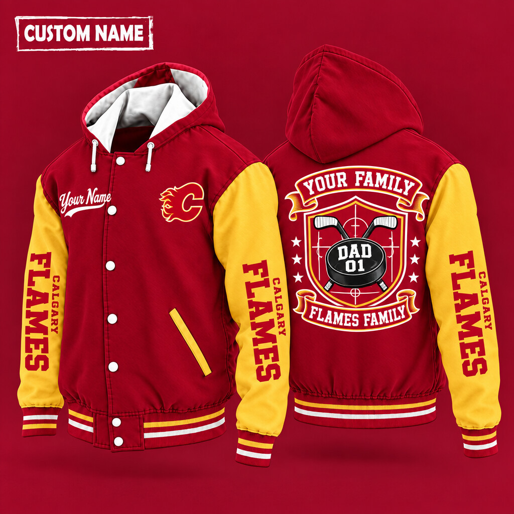 Calgary Flames Family Crew Hooded Letterman Jacket Custom Name Number PVO1Y4