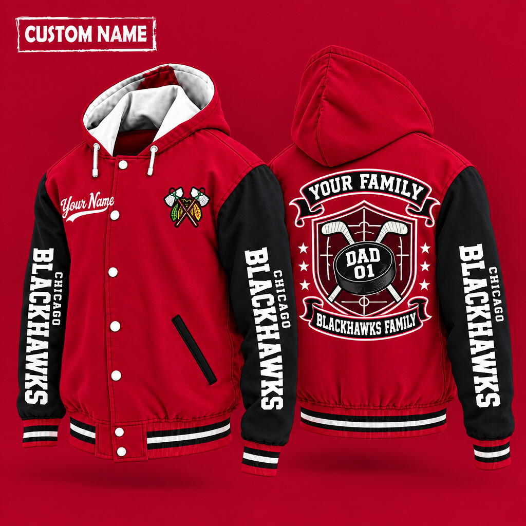 Chicago Blackhawks Family Crew Hooded Letterman Jacket Custom Name Number P75KSL