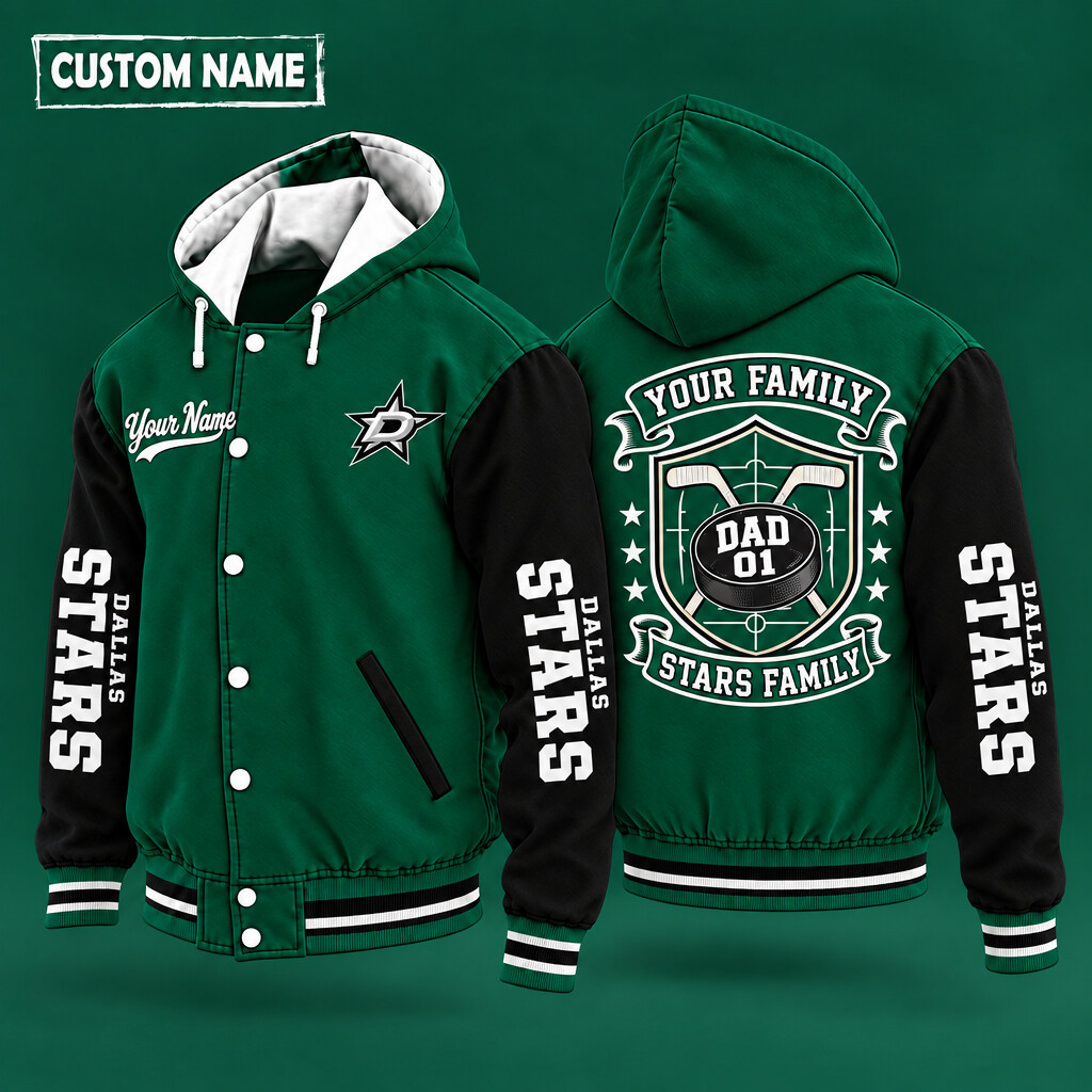Dallas Stars Family Crew Hooded Letterman Jacket Custom Name Number PA7EFH