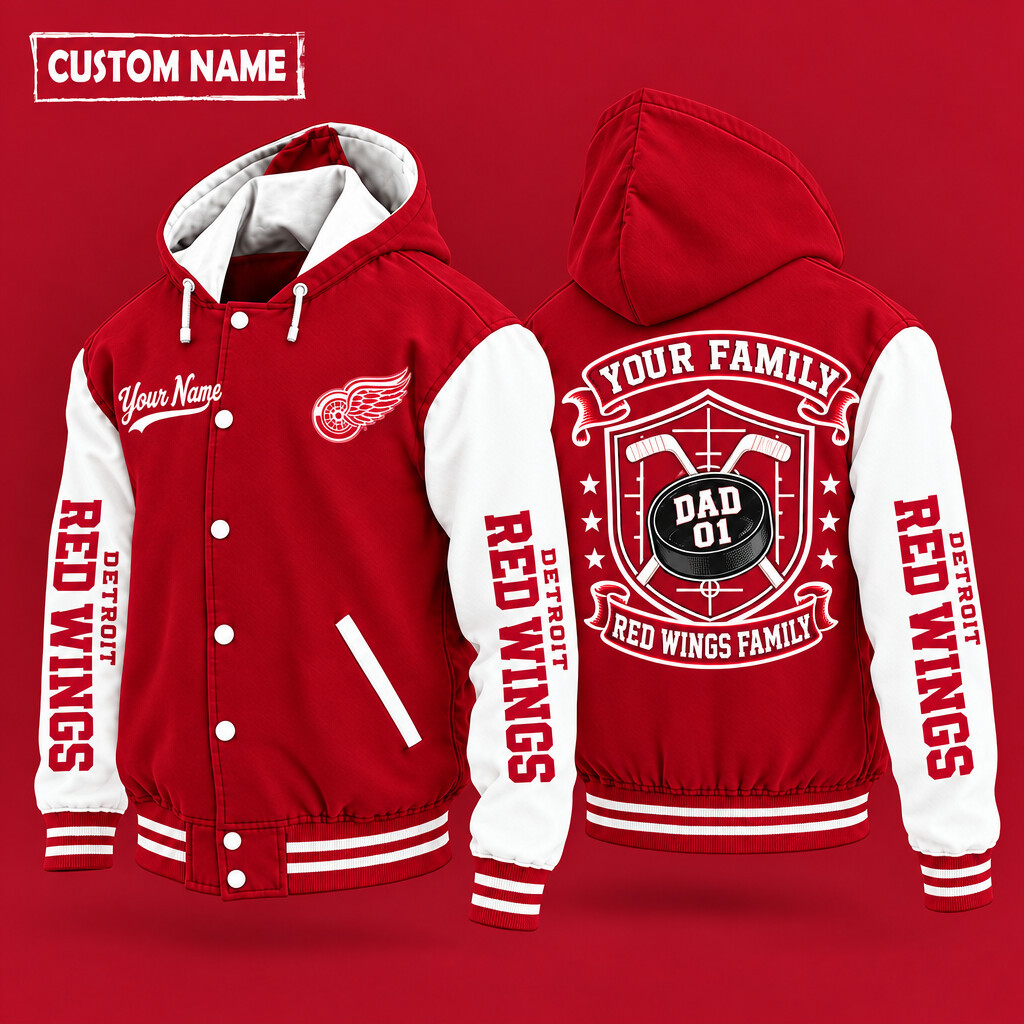 Detroit Red Wings Family Crew Hooded Letterman Jacket Custom Name Number PU0D9T