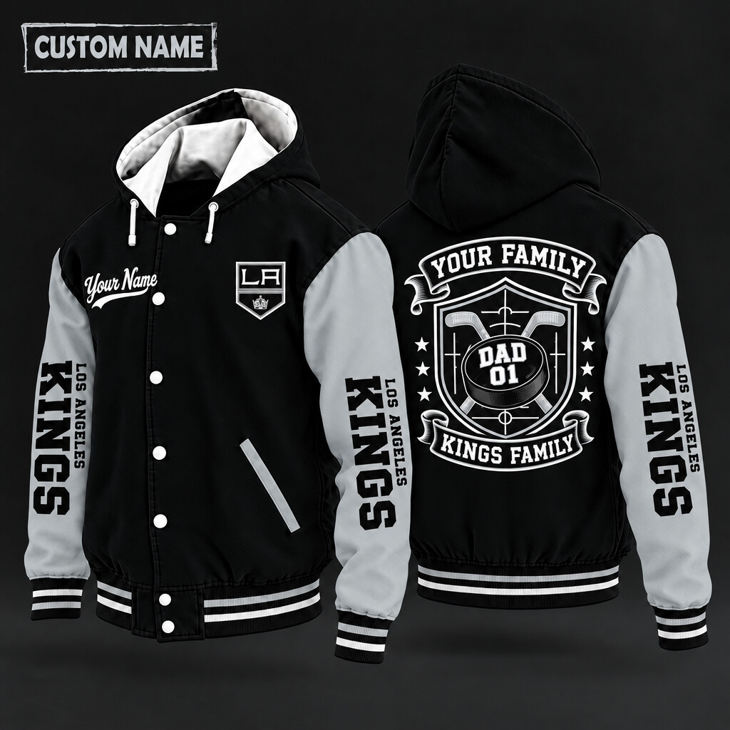Los Angeles Kings Family Crew Hooded Letterman Jacket Custom Name Number PFV1CU