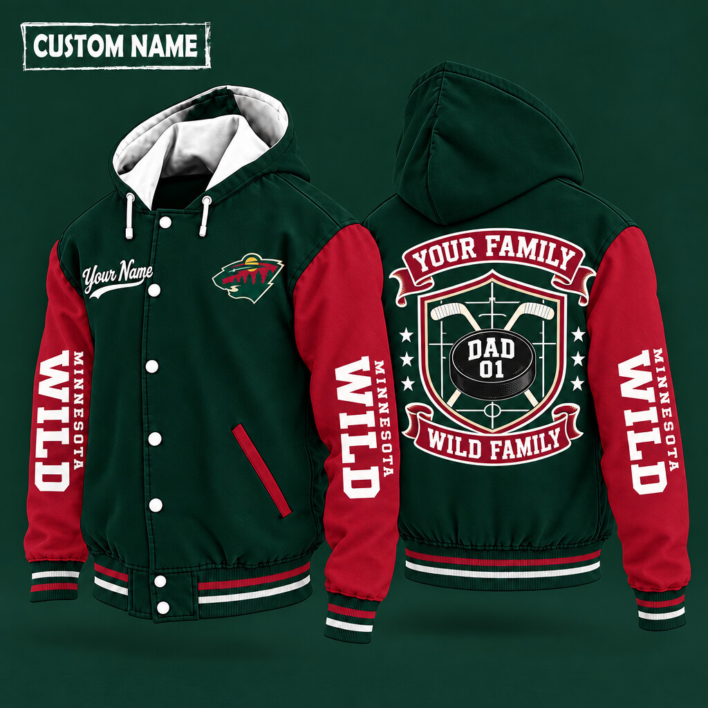 Minnesota Wild Family Crew Hooded Letterman Jacket Custom Name Number PFJR40