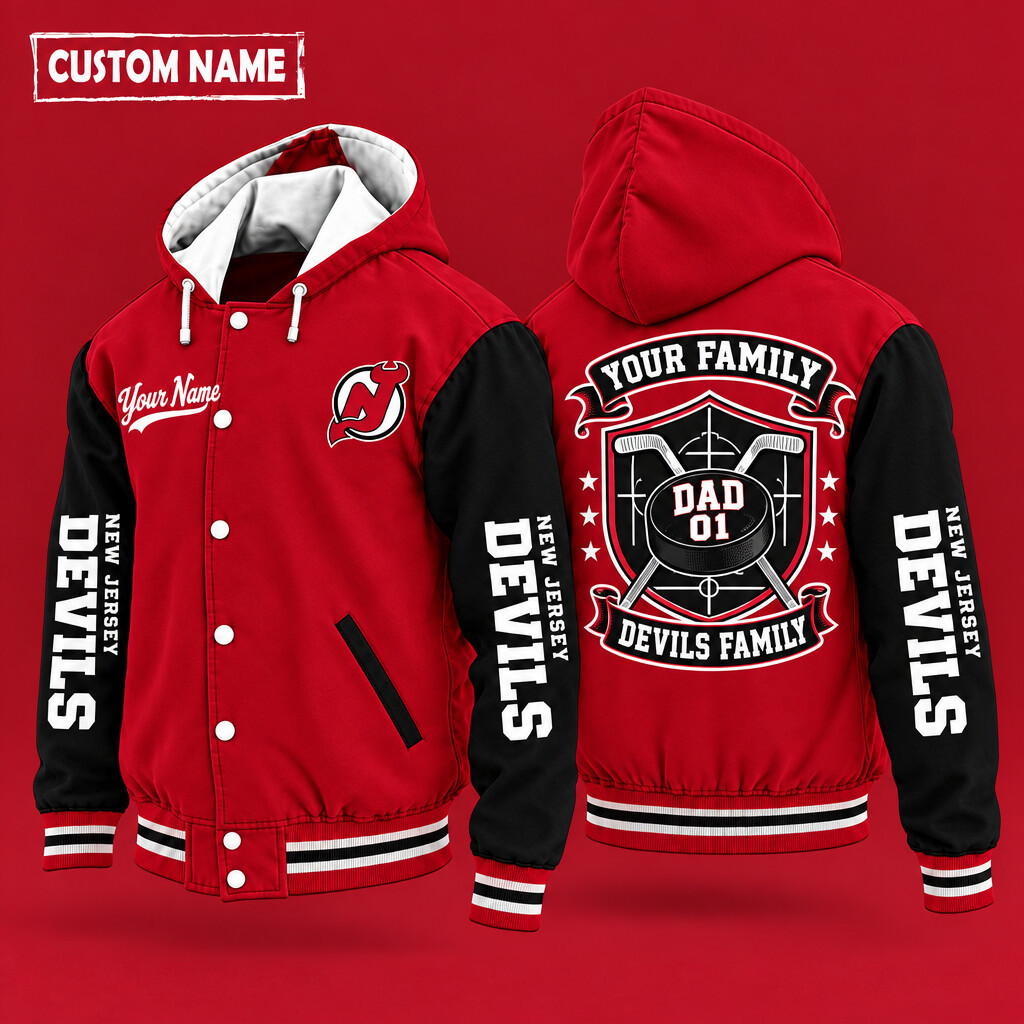 New Jersey Devils Family Crew Hooded Letterman Jacket Custom Name Number PWZBXL