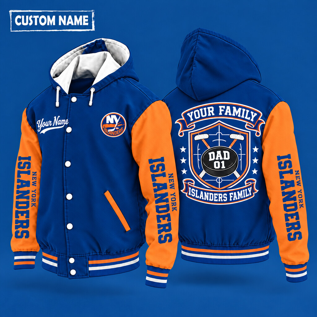 New York Islanders Family Crew Hooded Letterman Jacket Custom Name Number PVSVEM