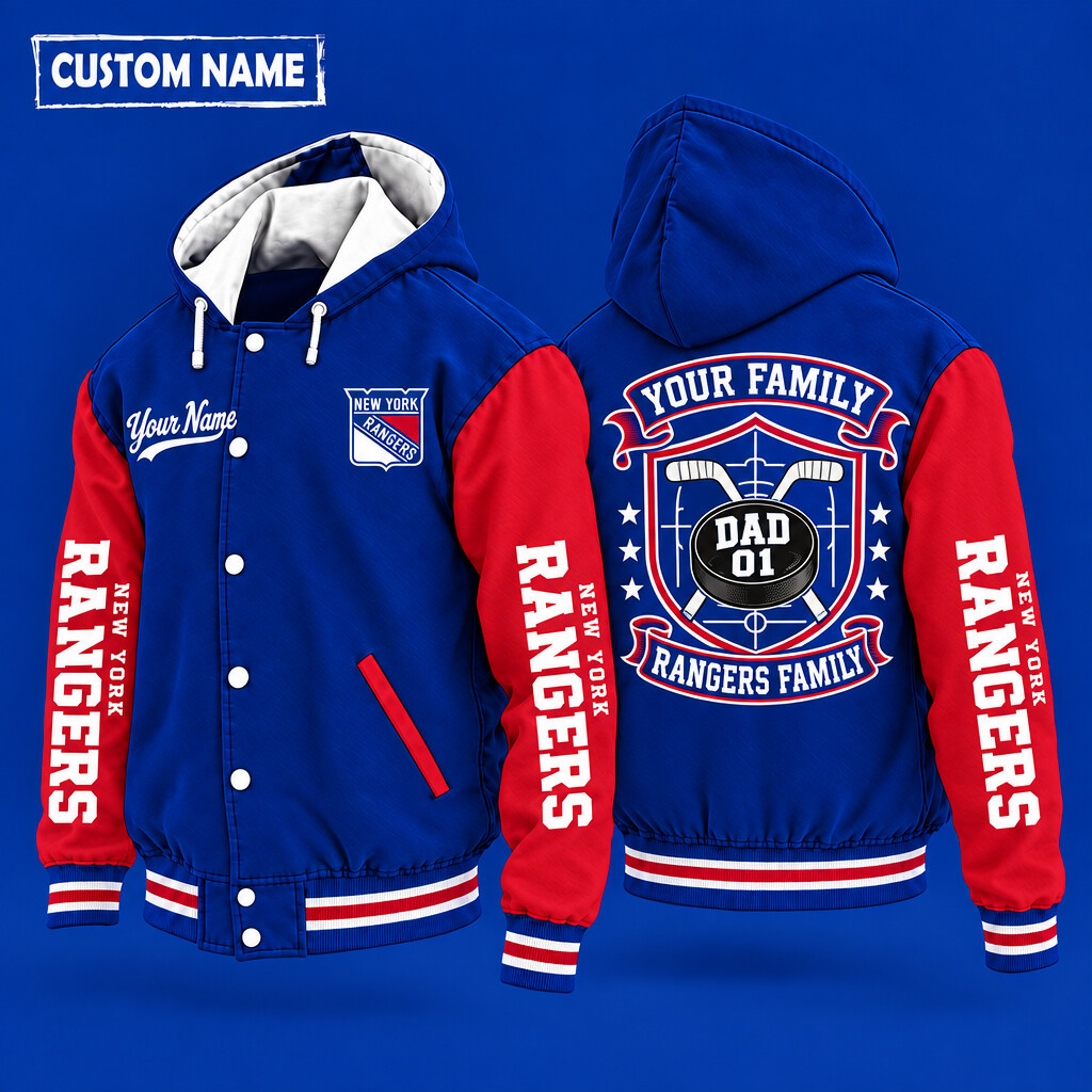 New York Rangers Family Crew Hooded Letterman Jacket Custom Name Number PJAZ0X