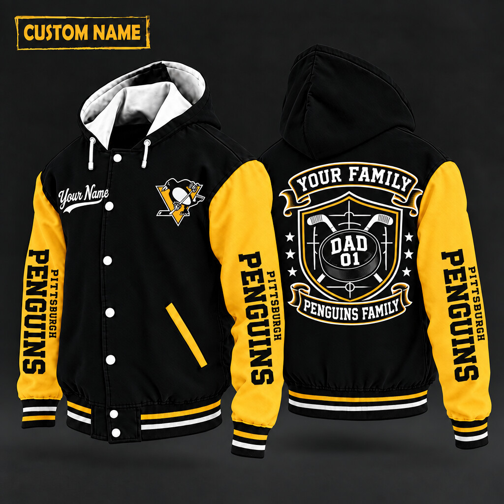 Pittsburgh Penguins Family Crew Hooded Letterman Jacket Custom Name Number PZXNSZ