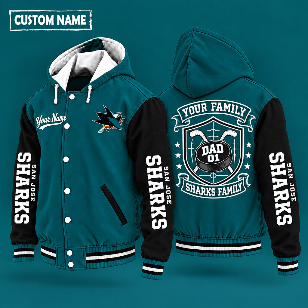 San Jose Sharks Family Crew Hooded Letterman Jacket Custom Name Number PLY4FQ
