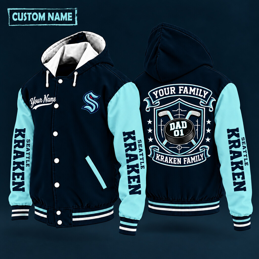 Seattle Kraken Family Crew Hooded Letterman Jacket Custom Name Number PL34MN