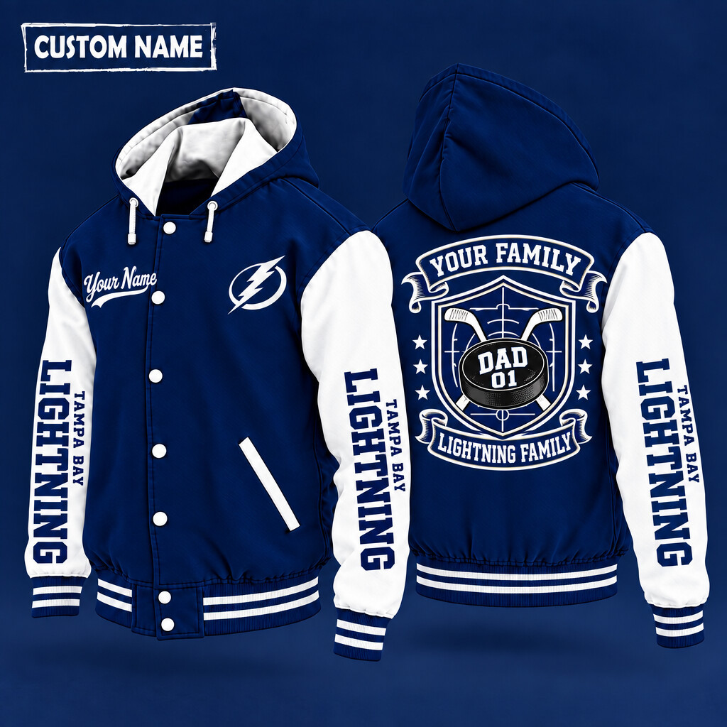 Tampa Bay Lightning Family Crew Hooded Letterman Jacket Custom Name Number P2IHGI