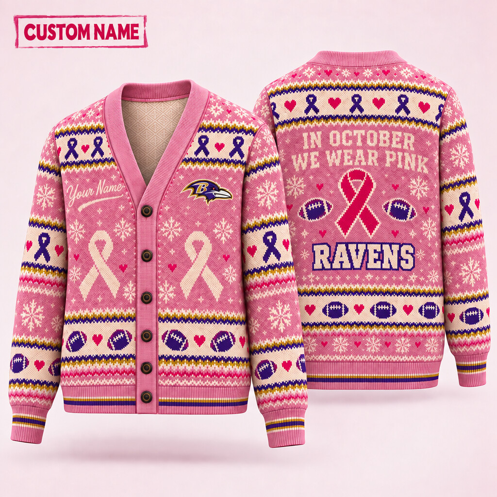 Baltimore Ravens Pink October Knit Cardigan Custom Name PWEPU5