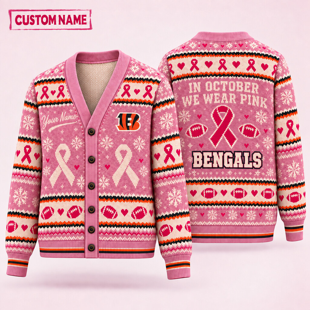 Cincinnati Bengals Pink October Knit Cardigan Custom Name PB2DUN