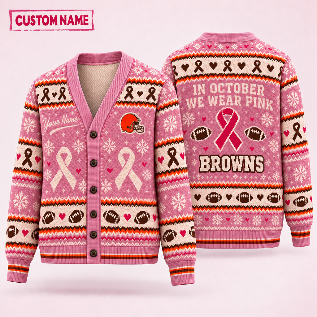 Cleveland Browns Pink October Knit Cardigan Custom Name PGBZAC