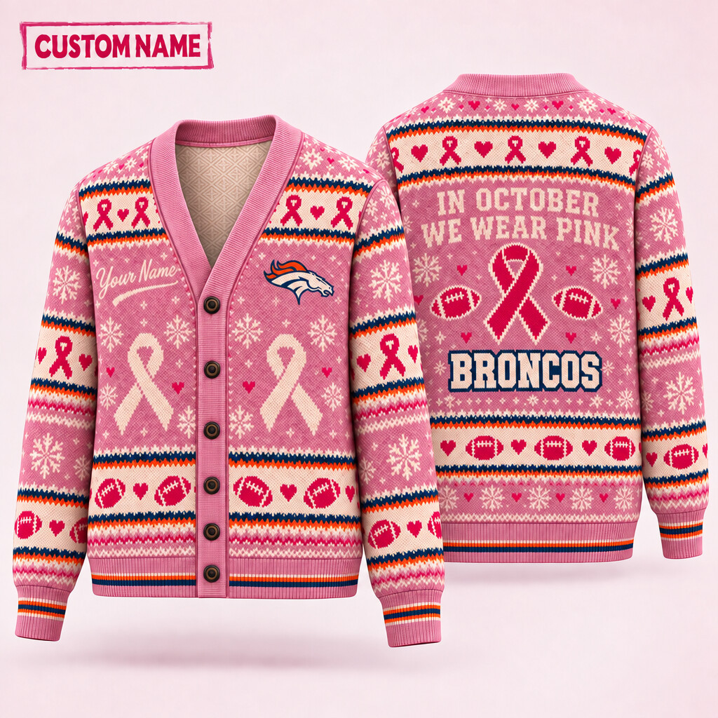 Denver Broncos Pink October Knit Cardigan Custom Name PL79D9