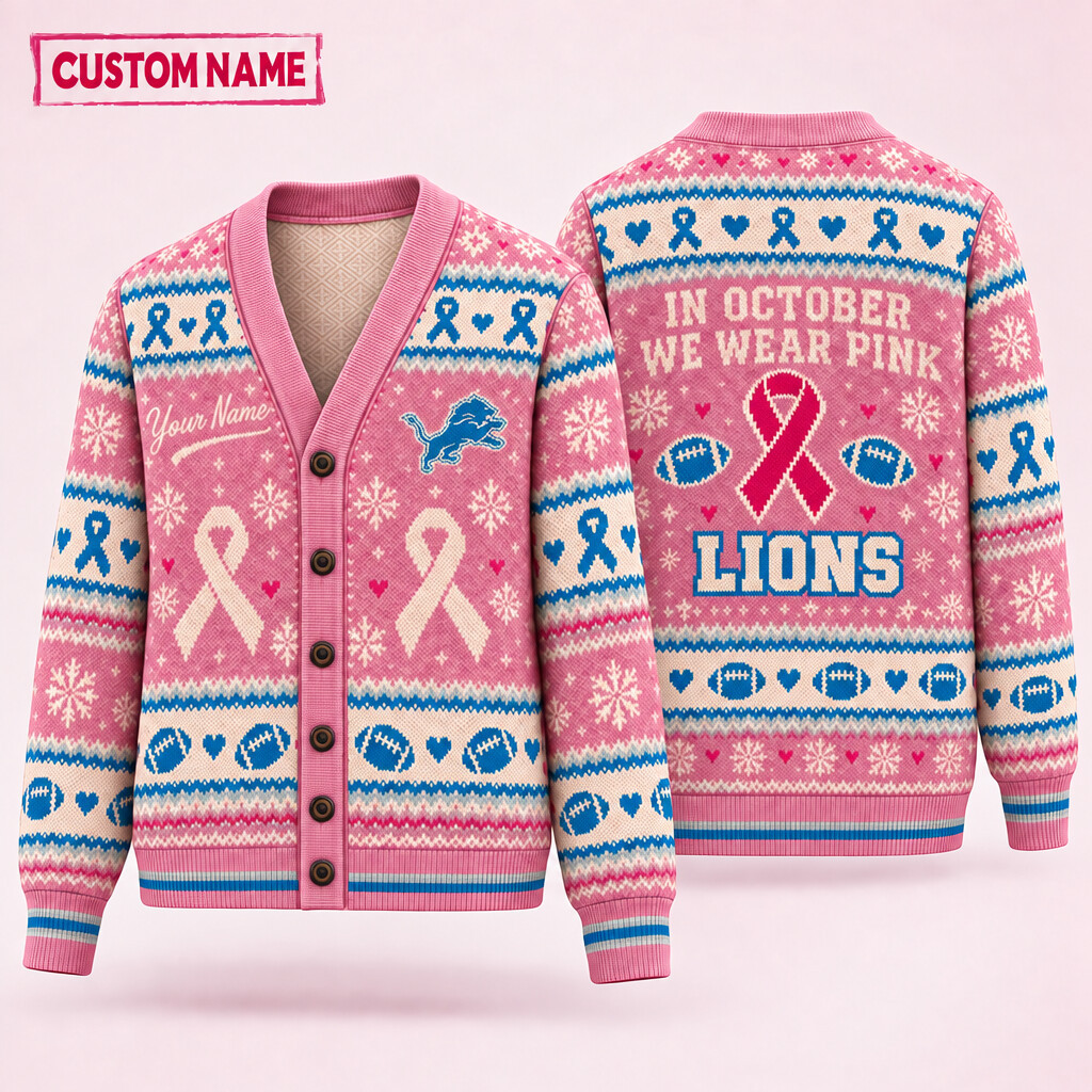 Detroit Lions Pink October Knit Cardigan Custom Name PGF7KD