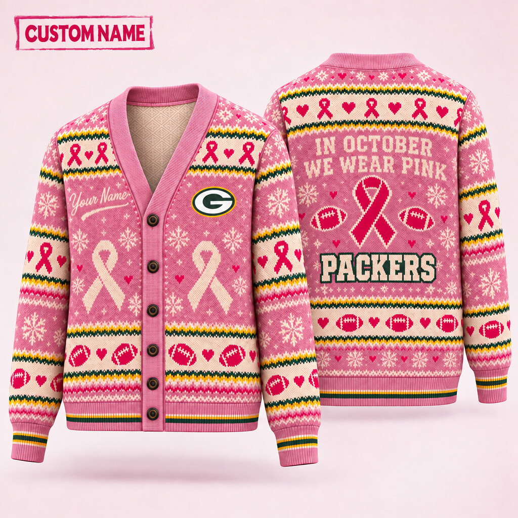 Green Bay Packers Pink October Knit Cardigan Custom Name P04LPA