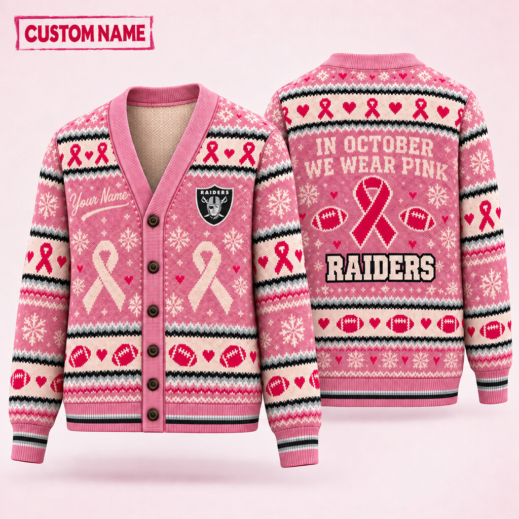 Las Vegas Raiders Pink October Knit Cardigan Custom Name PD6YX8