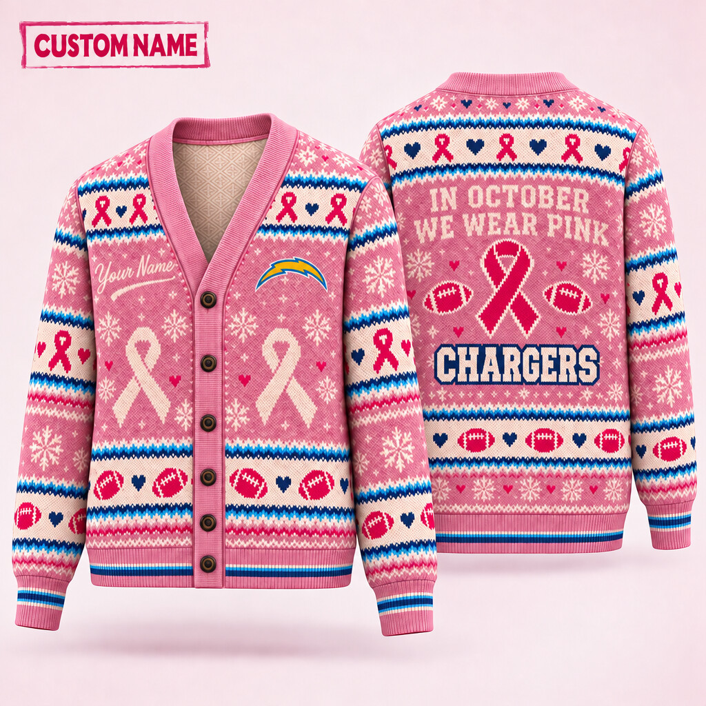 Los Angeles Chargers Pink October Knit Cardigan Custom Name PTNX79