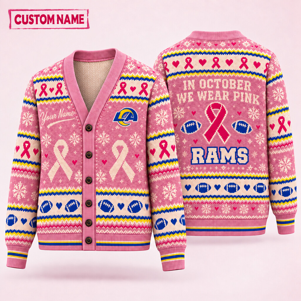Los Angeles Rams Pink October Knit Cardigan Custom Name PTASCL