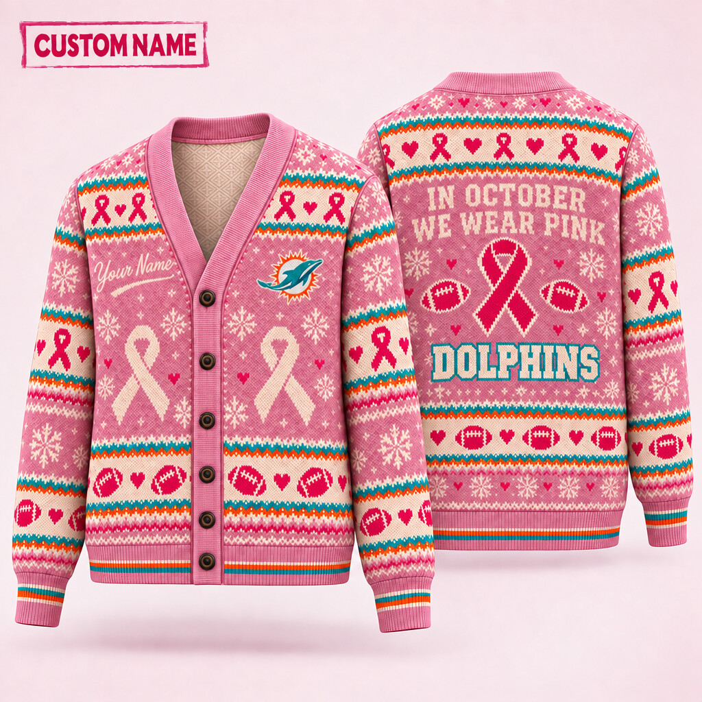 Miami Dolphins Pink October Knit Cardigan Custom Name PI9WOO