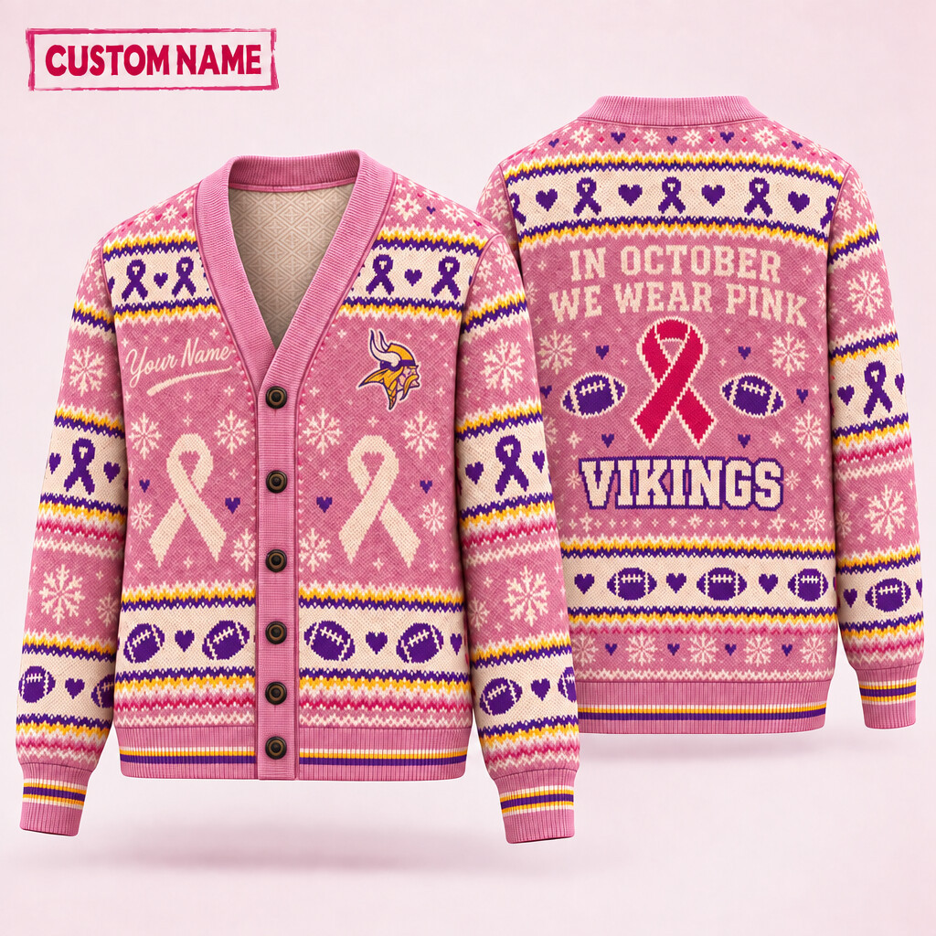 Minnesota Vikings Pink October Knit Cardigan Custom Name P0T0C8