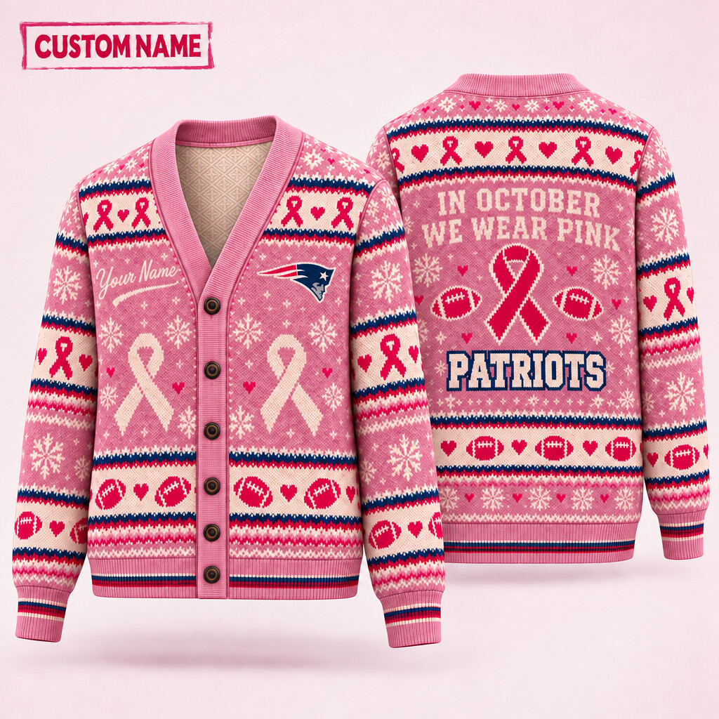 New England Patriots Pink October Knit Cardigan Custom Name PKZOYP