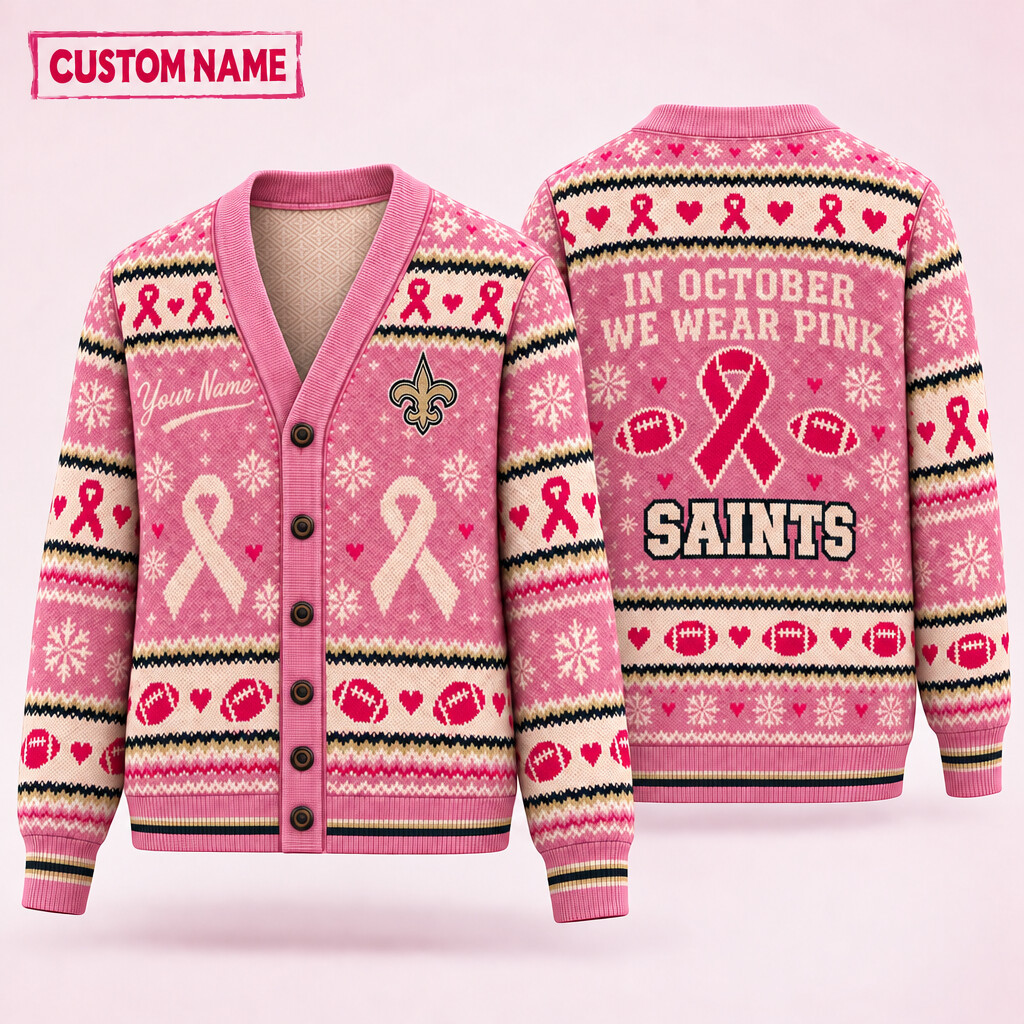 New Orleans Saints Pink October Knit Cardigan Custom Name P9CGAY