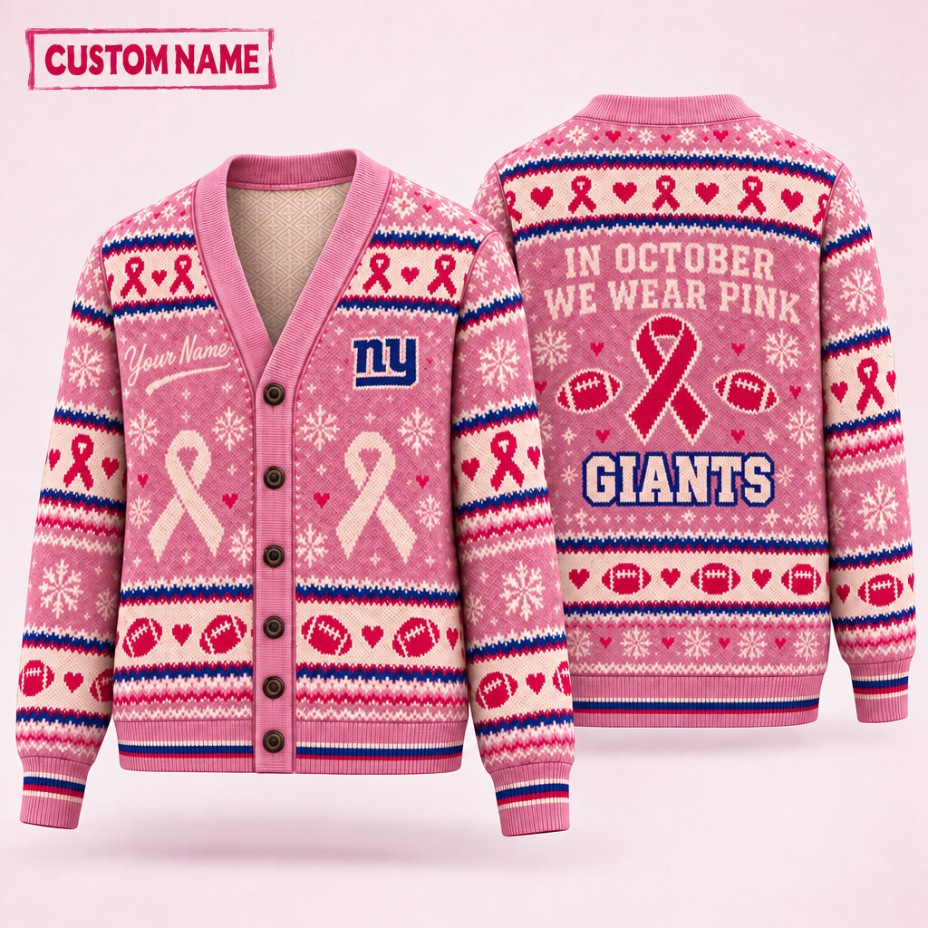 New York Giants Pink October Knit Cardigan Custom Name PG197H