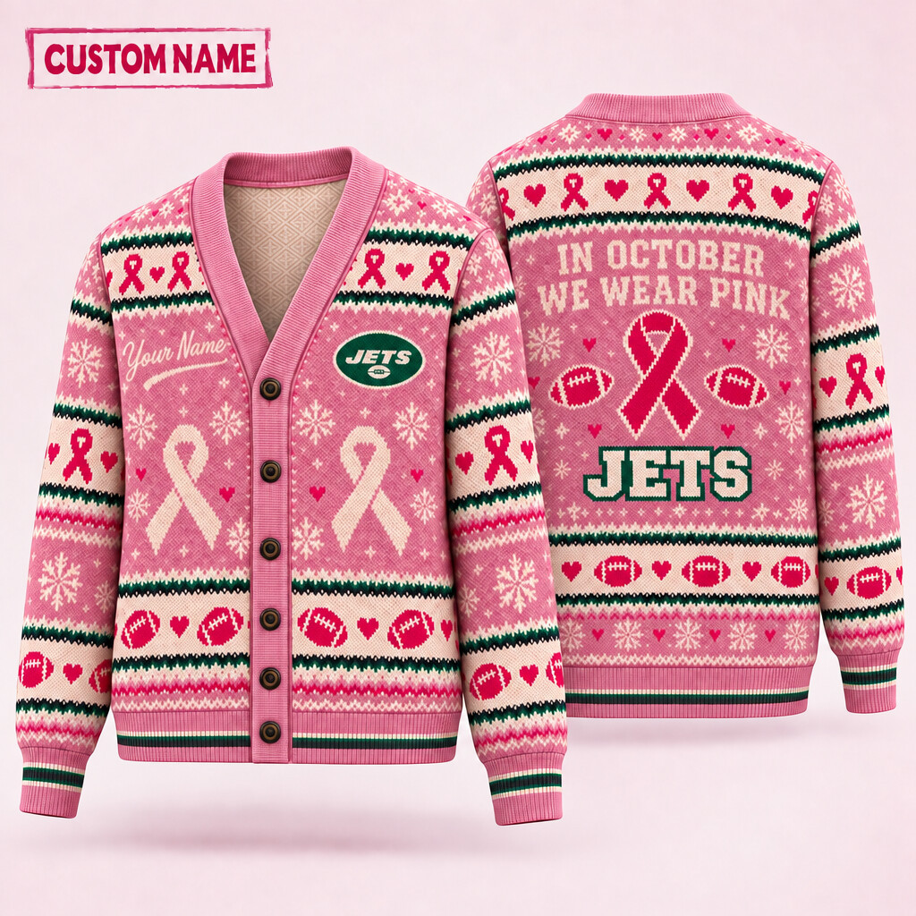 New York Jets Pink October Knit Cardigan Custom Name P8TZNH