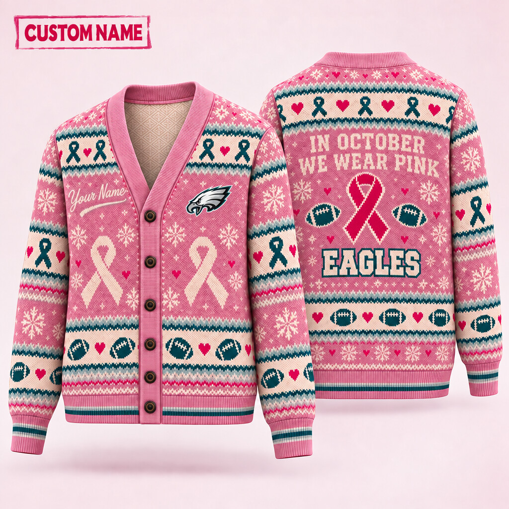 Philadelphia Eagles Pink October Knit Cardigan Custom Name PELG42