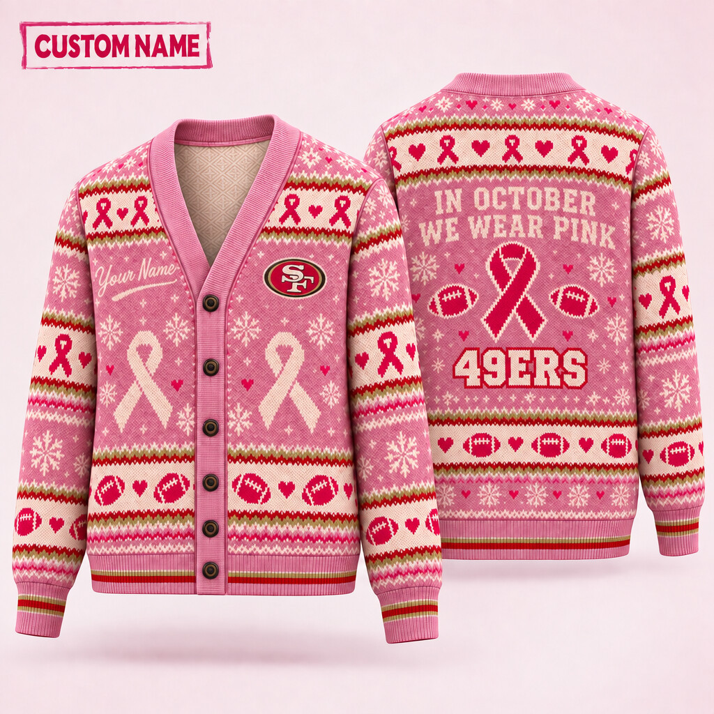 San Francisco 49ers Pink October Knit Cardigan Custom Name PDPDMY