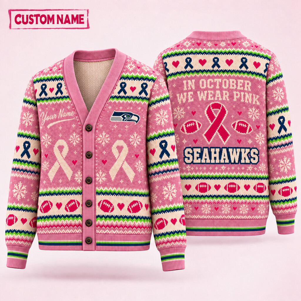 Seattle Seahawks Pink October Knit Cardigan Custom Name P85S15