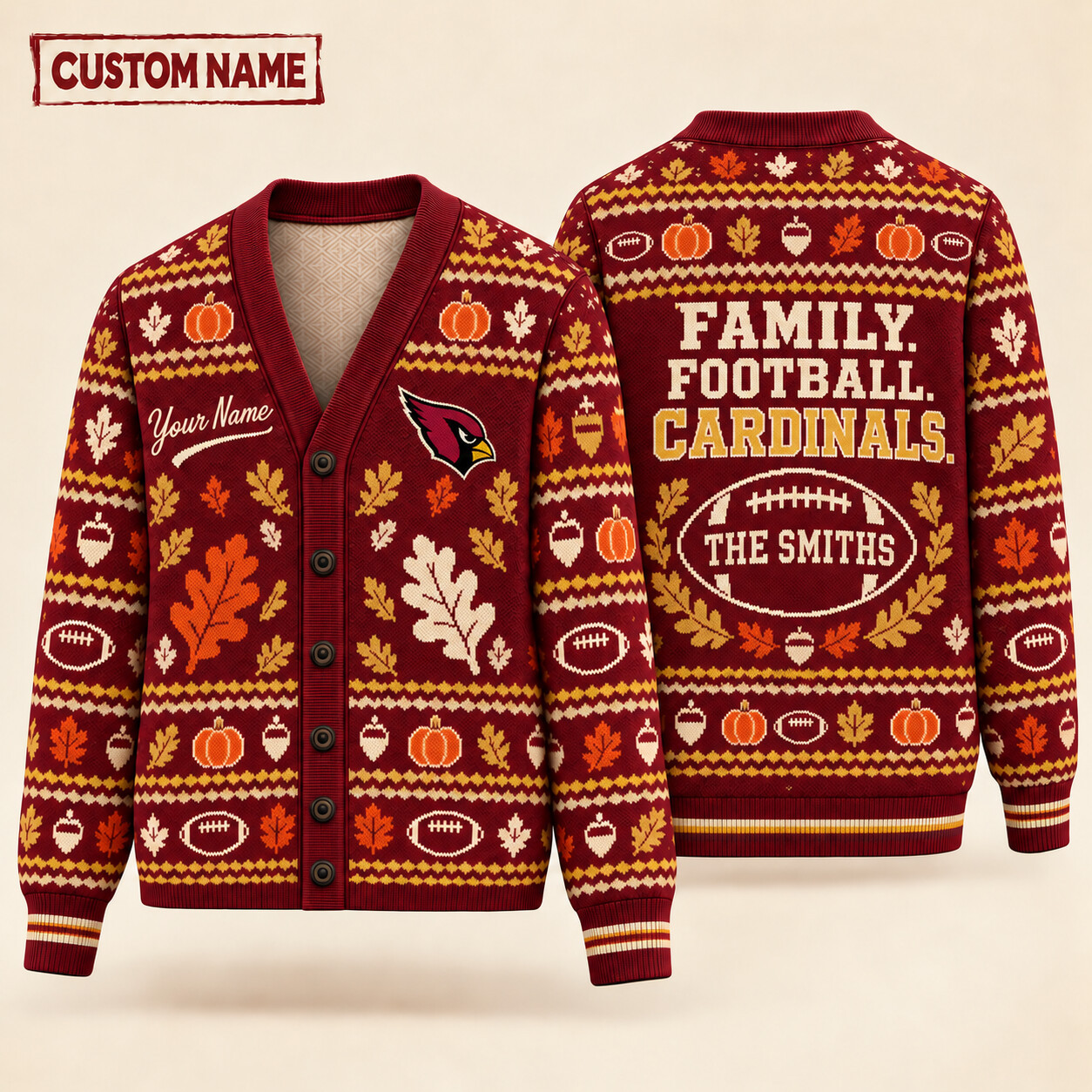 Arizona Cardinals Thanksgiving Family Football Knit Cardigan Custom Name PGGMC3