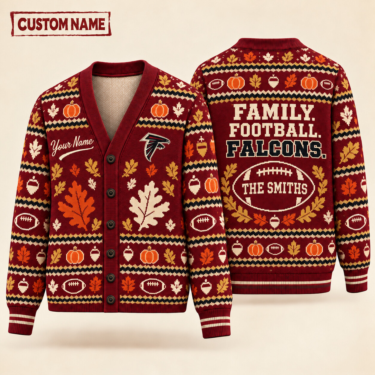 Atlanta Falcons Thanksgiving Family Football Knit Cardigan Custom Name P3YLU3