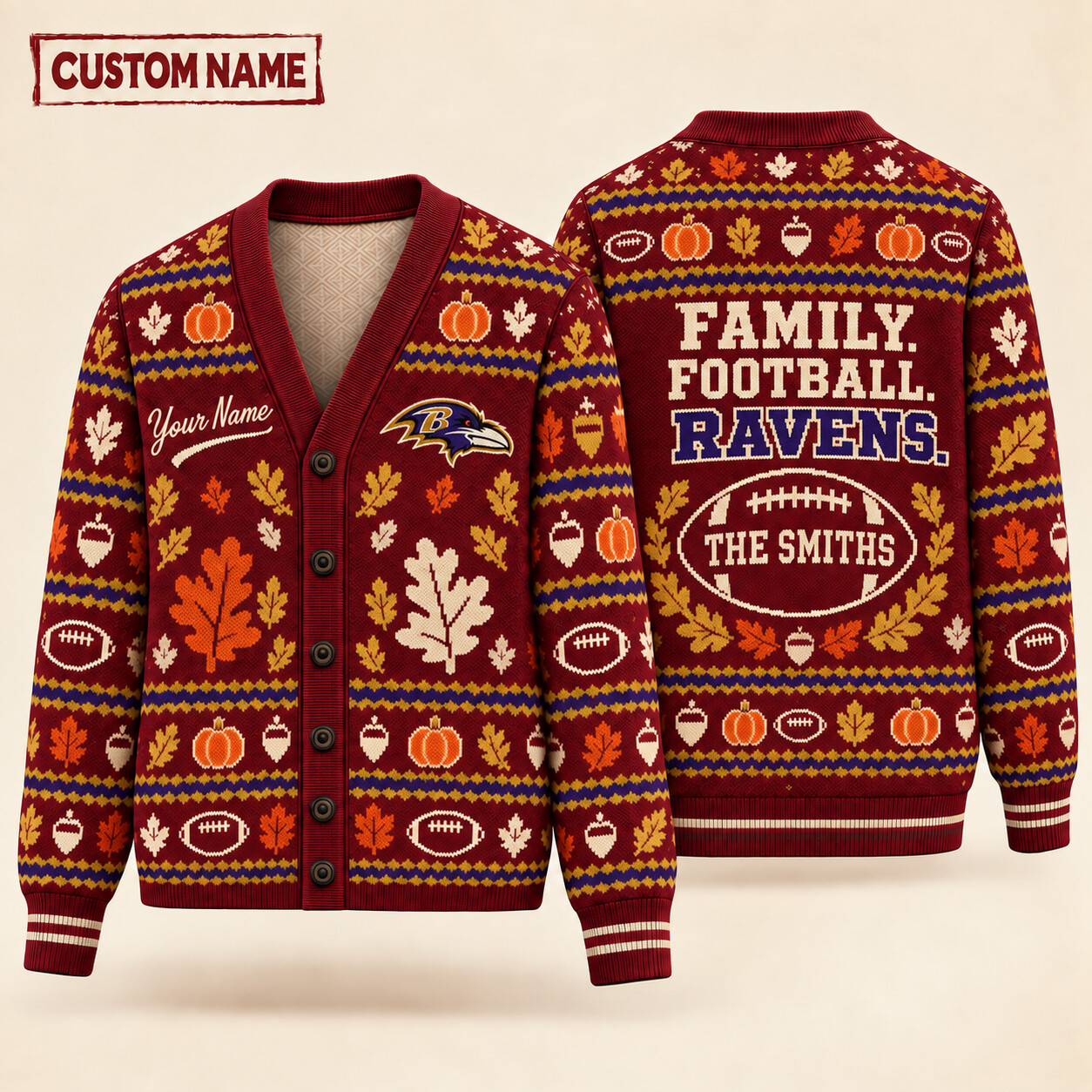 Baltimore Ravens Thanksgiving Family Football Knit Cardigan Custom Name P2YTE5