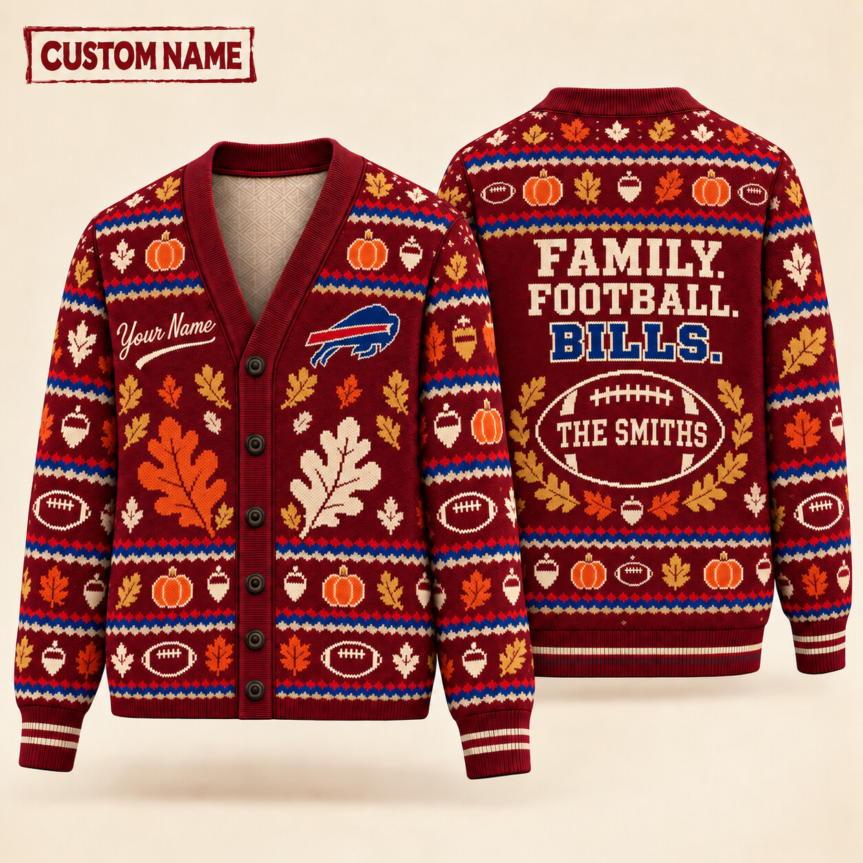 Buffalo Bills Thanksgiving Family Football Knit Cardigan Custom Name PUW19C
