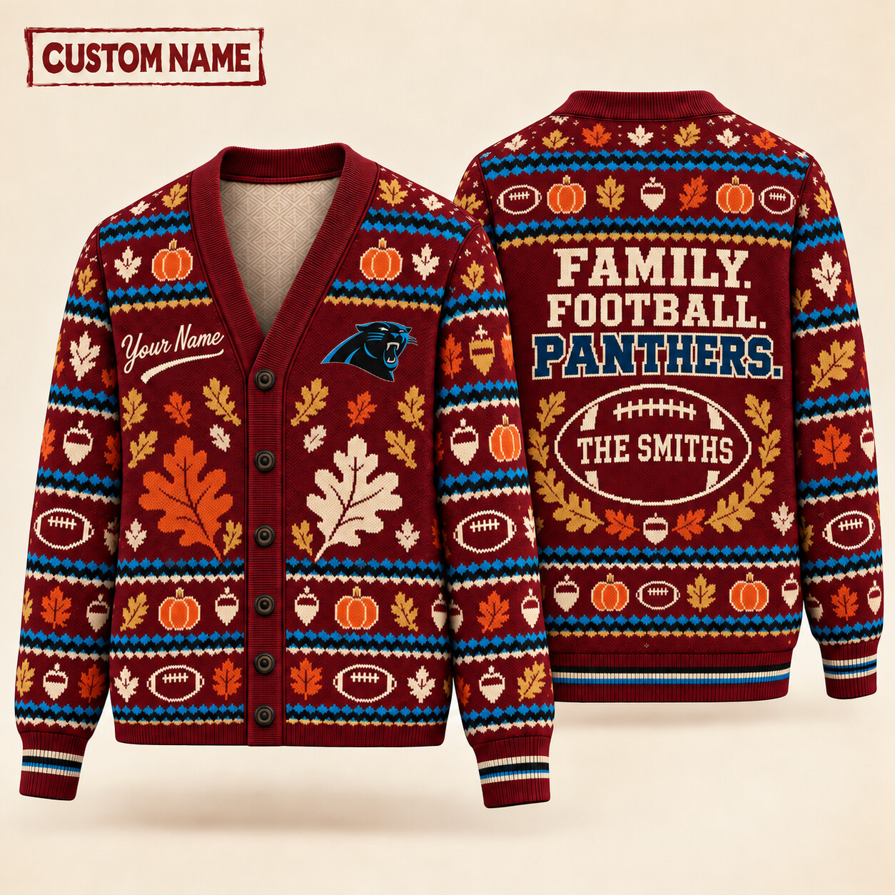 Carolina Panthers Thanksgiving Family Football Knit Cardigan Custom Name PKAXHF