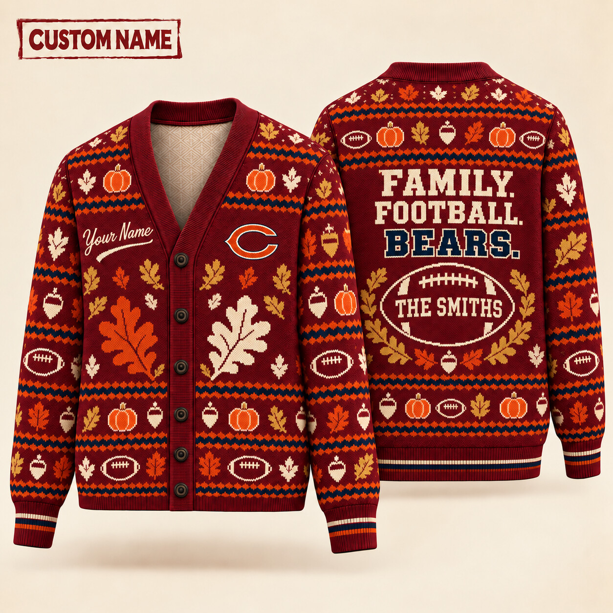 Chicago Bears Thanksgiving Family Football Knit Cardigan Custom Name PBIJWI