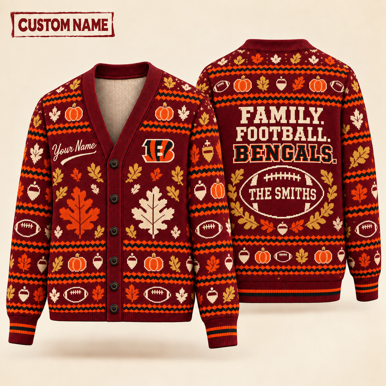 Cincinnati Bengals Thanksgiving Family Football Knit Cardigan Custom Name PR65NK