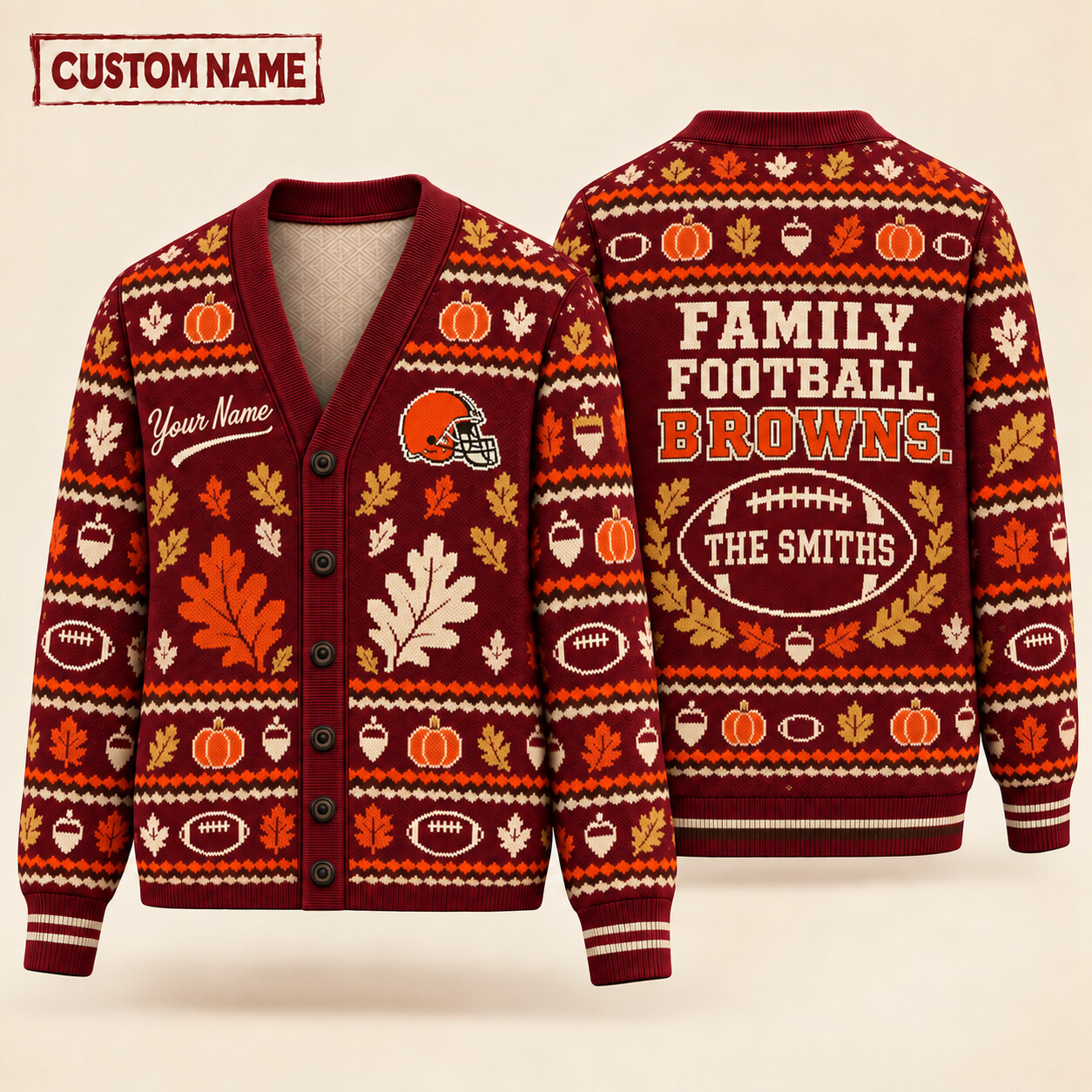 Cleveland Browns Thanksgiving Family Football Knit Cardigan Custom Name PSPFIO