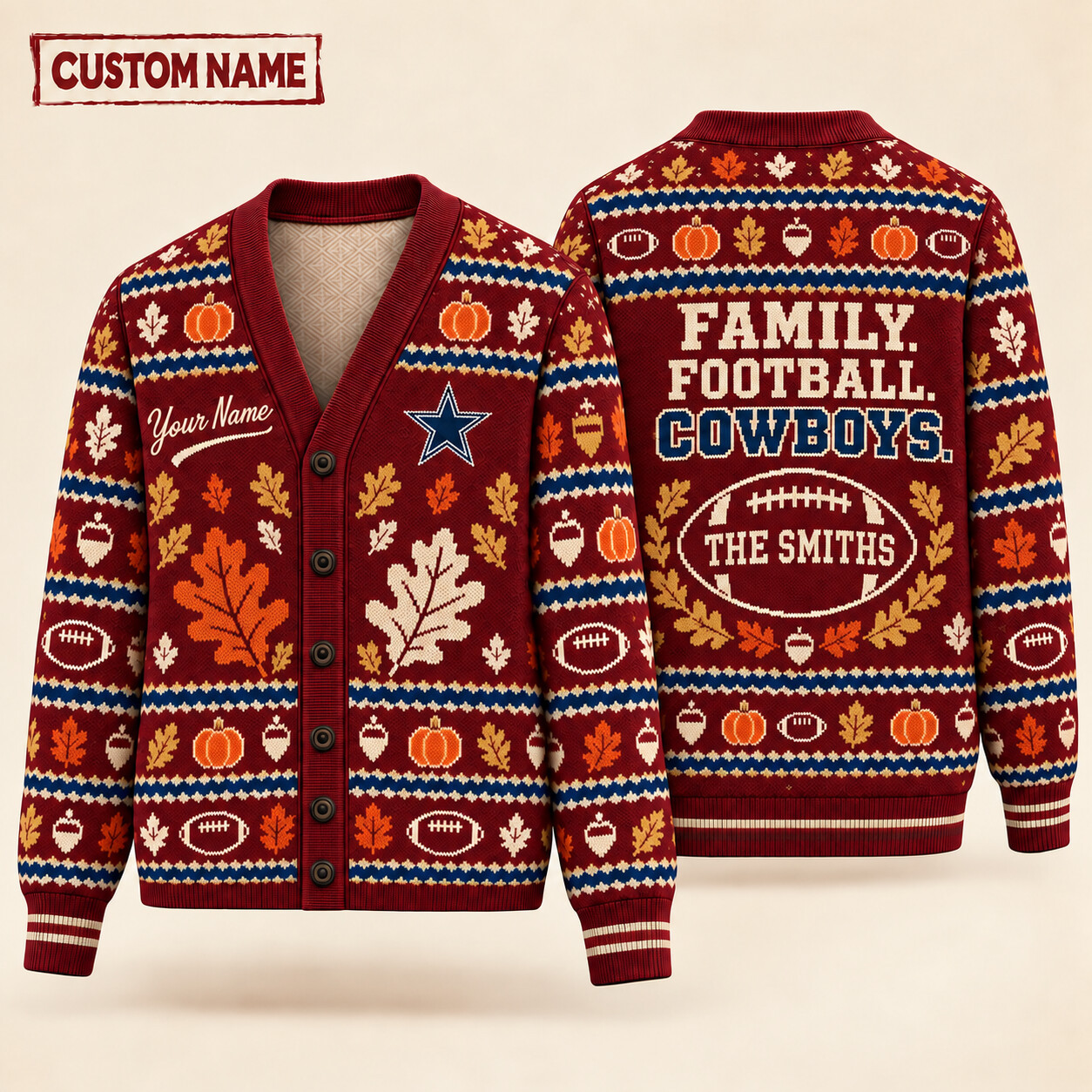 Dallas Cowboys Thanksgiving Family Football Knit Cardigan Custom Name P5YOV3
