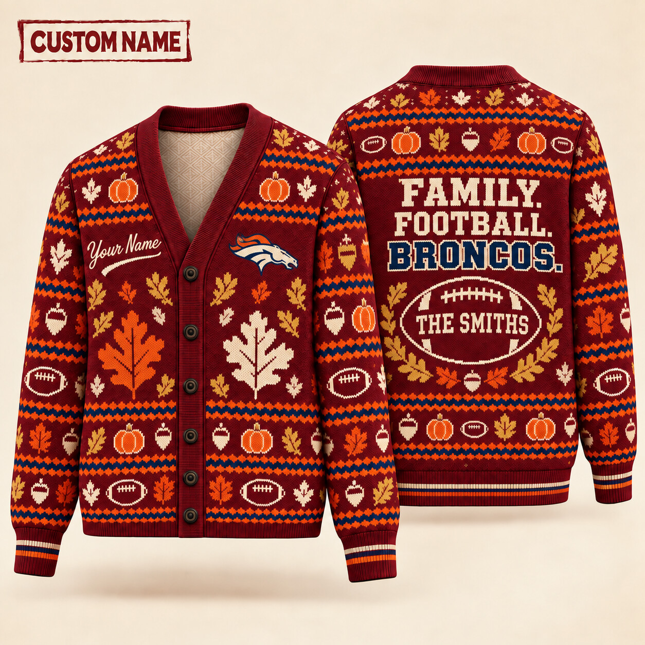 Denver Broncos Thanksgiving Family Football Knit Cardigan Custom Name P1LMPS