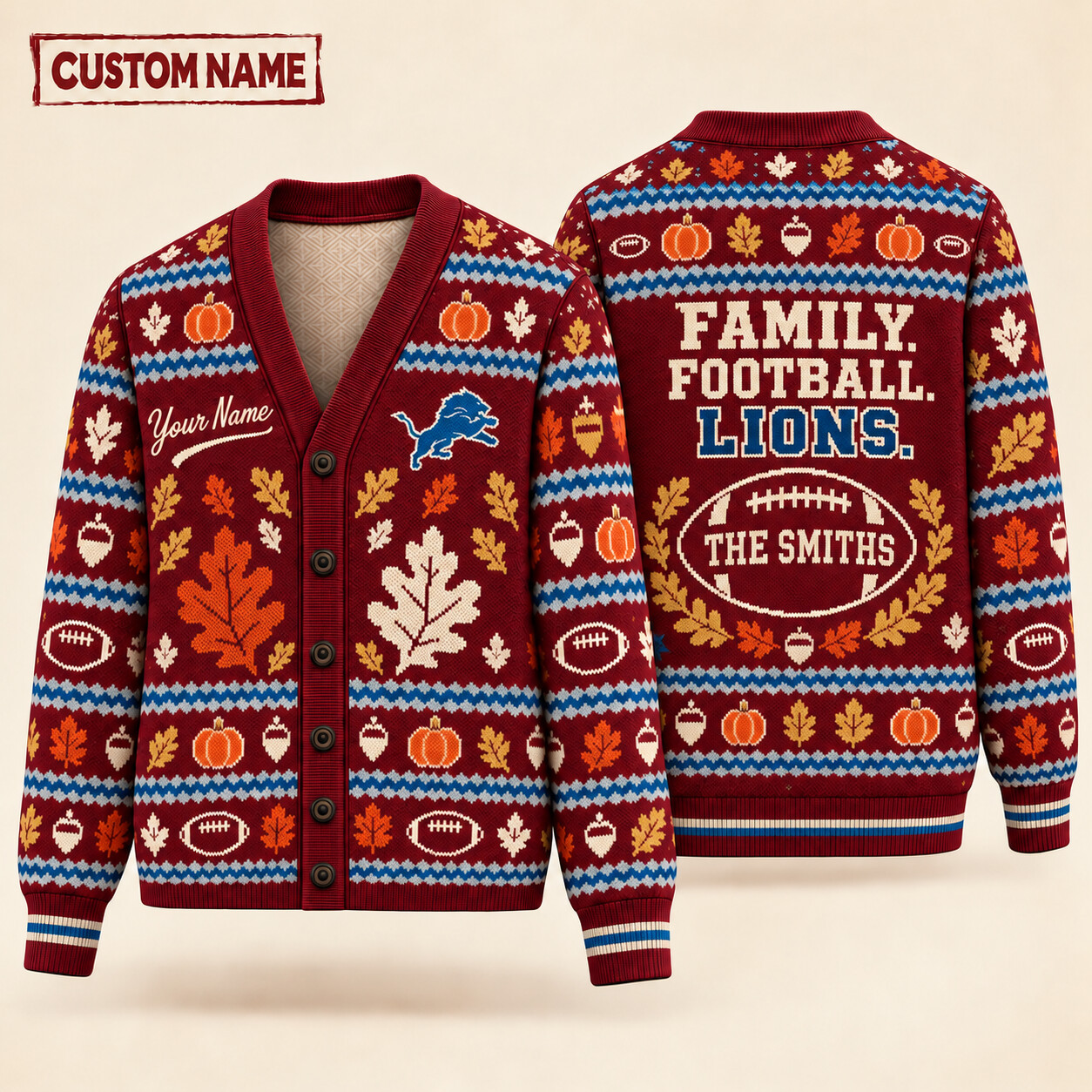 Detroit Lions Thanksgiving Family Football Knit Cardigan Custom Name P4P28Z