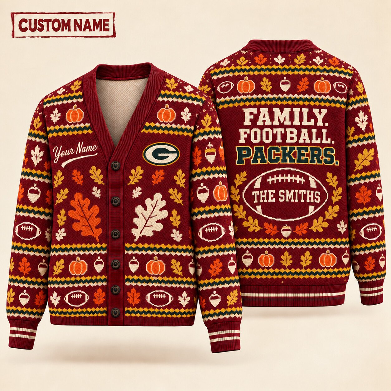 Green Bay Packers Thanksgiving Family Football Knit Cardigan Custom Name PCD4VO