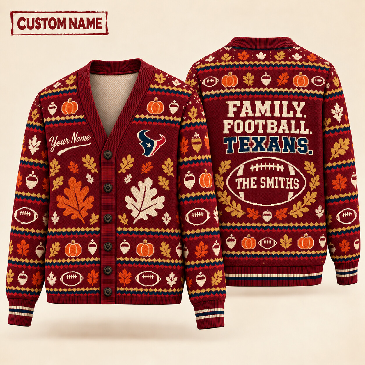 Houston Texans Thanksgiving Family Football Knit Cardigan Custom Name P7A1KY